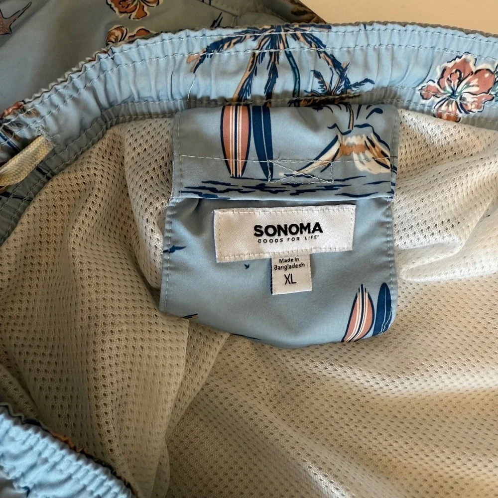 Sonoma Goods For Life Mens XL Swim Trunks Blue Tropical Palm Tree Surfboard XL